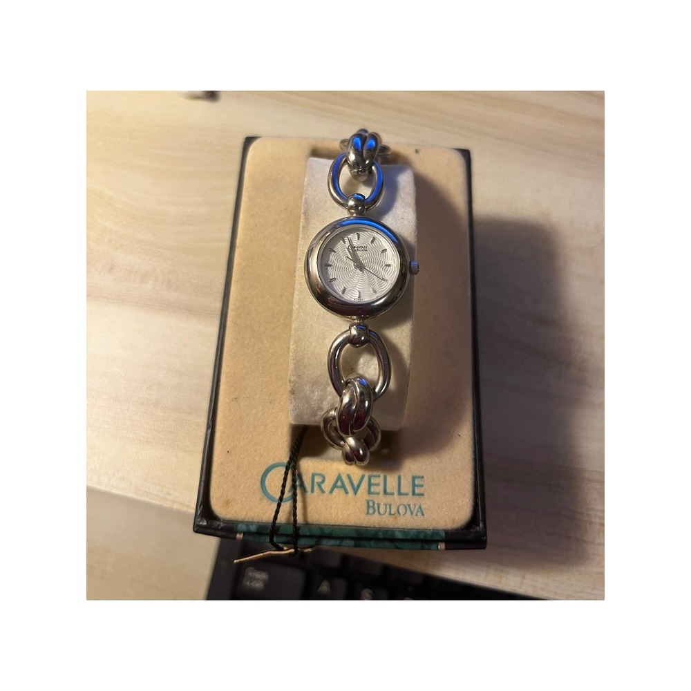 Caravelle by Bulova Womens Silver Tone Chain Link Dress Watch White Dial EV42